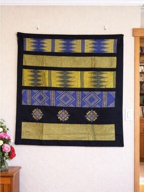 Handwoven Blue and Yellow Geometric Wall Tapestry by